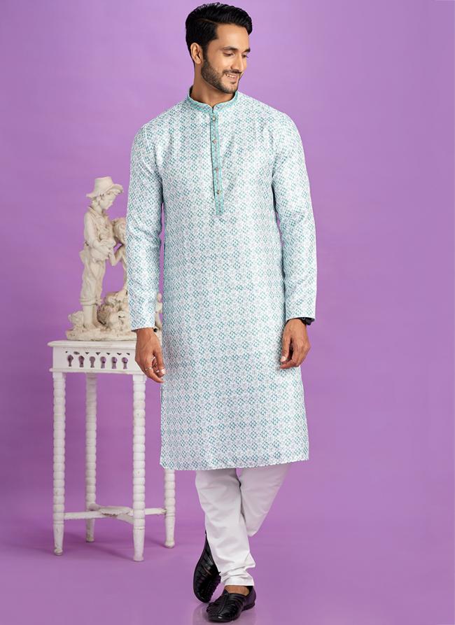 Semi Cotton Teal Green Traditional Wear Digital Printed Kurta Pajama